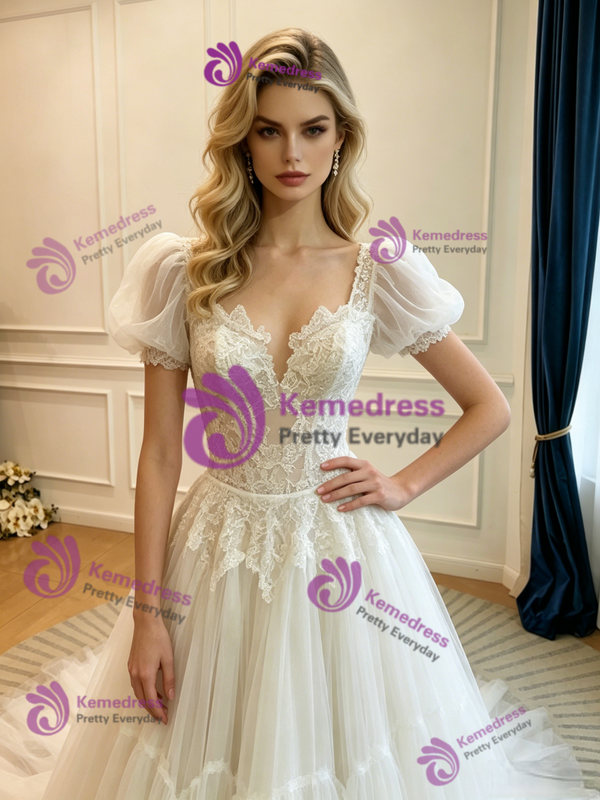 White Tulle Lace Puff Sleeve Wedding Dress