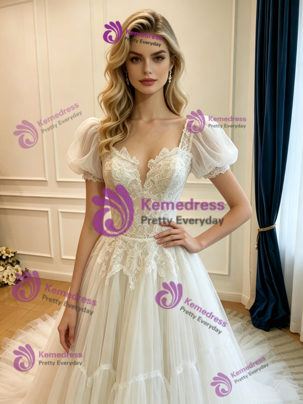 White Tulle Lace Puff Sleeve Wedding Dress