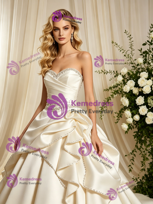 Ivory Satin Strapless Pleats Beading Wedding Dress