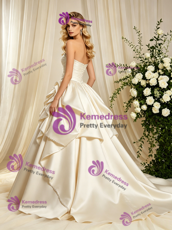 Ivory Satin Strapless Pleats Beading Wedding Dress