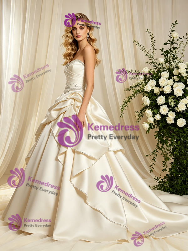 Ivory Satin Strapless Pleats Beading Wedding Dress