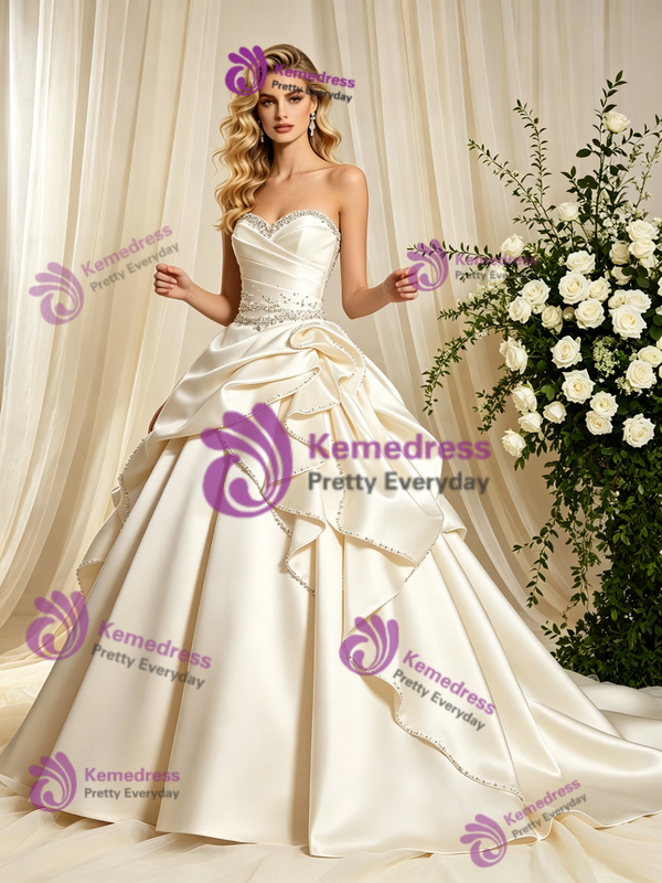 Ivory Satin Strapless Pleats Beading Wedding Dress