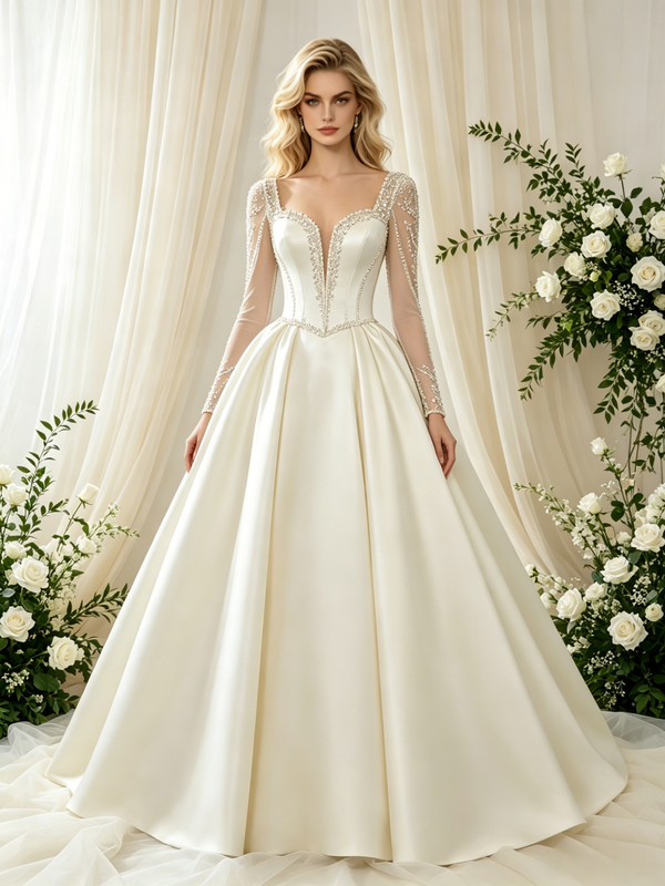 Ivory Satin Square Neck Long Sleeve Beading Wedding Dress