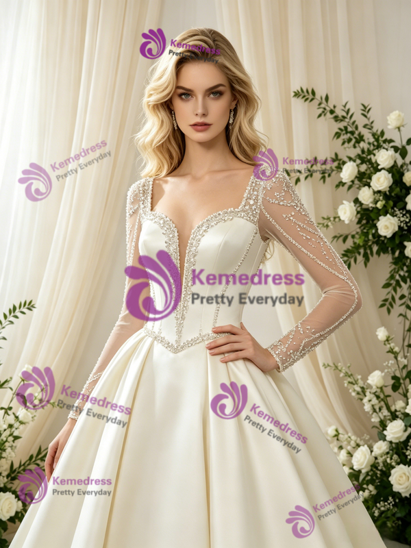 Ivory Satin Square Neck Long Sleeve Beading Wedding Dress