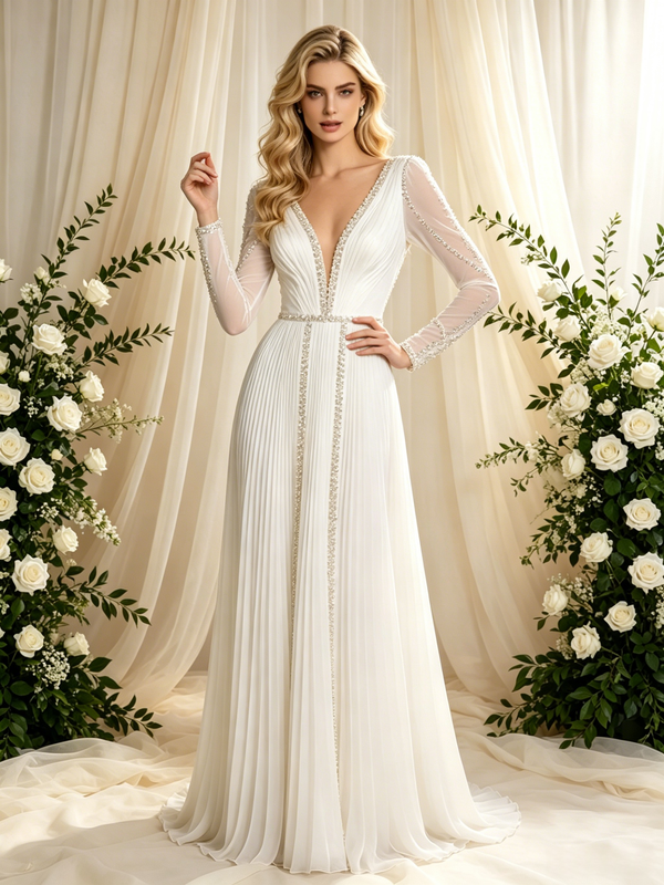 White Long Sleeve V-Neck Pleats Beading Wedding Dress