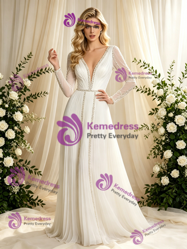 White Long Sleeve V-Neck Pleats Beading Wedding Dress