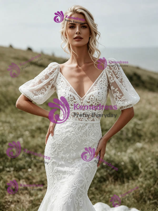 Sexy White Mermaid V-Neck Puff Sleeve Wedding Dress