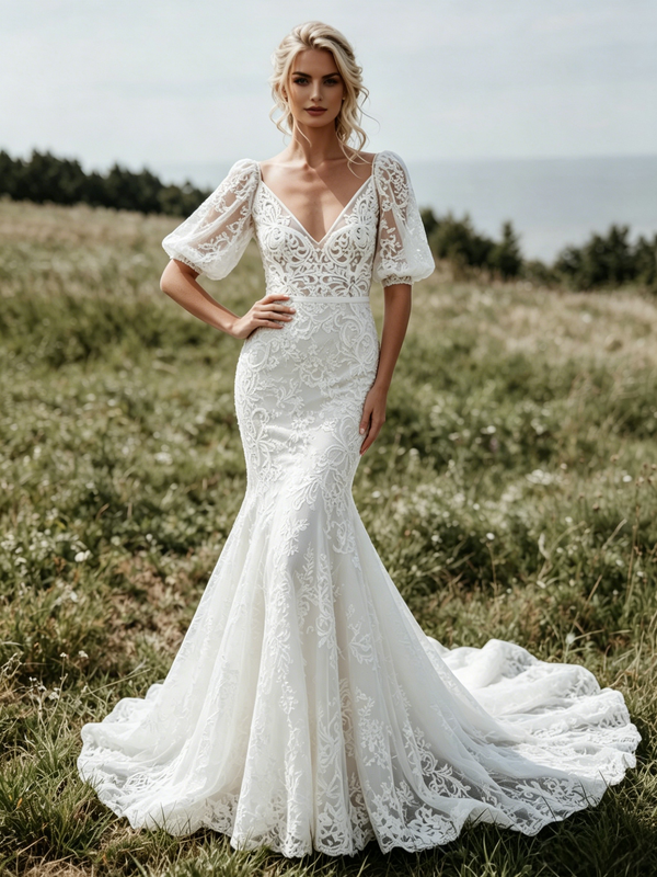 Sexy White Mermaid V-Neck Puff Sleeve Wedding Dress