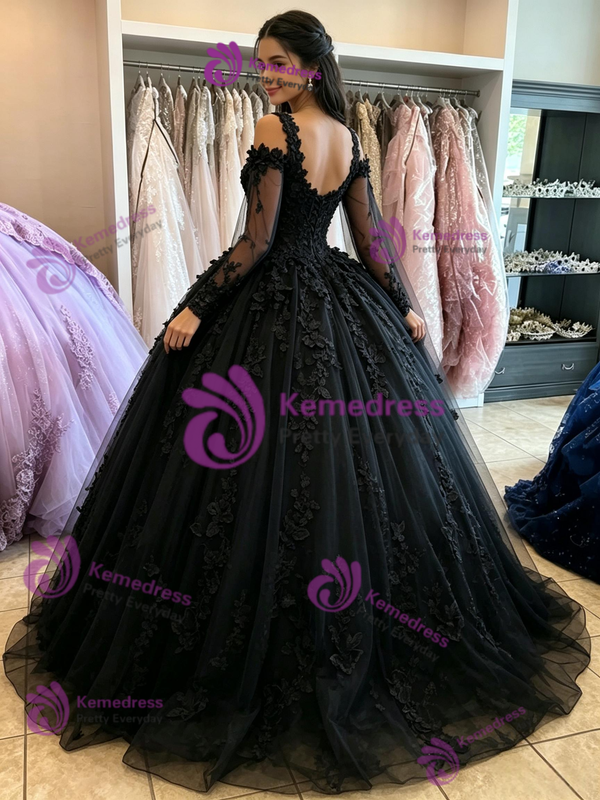 Black Tulle Straps Appliques Quinceanera Dress