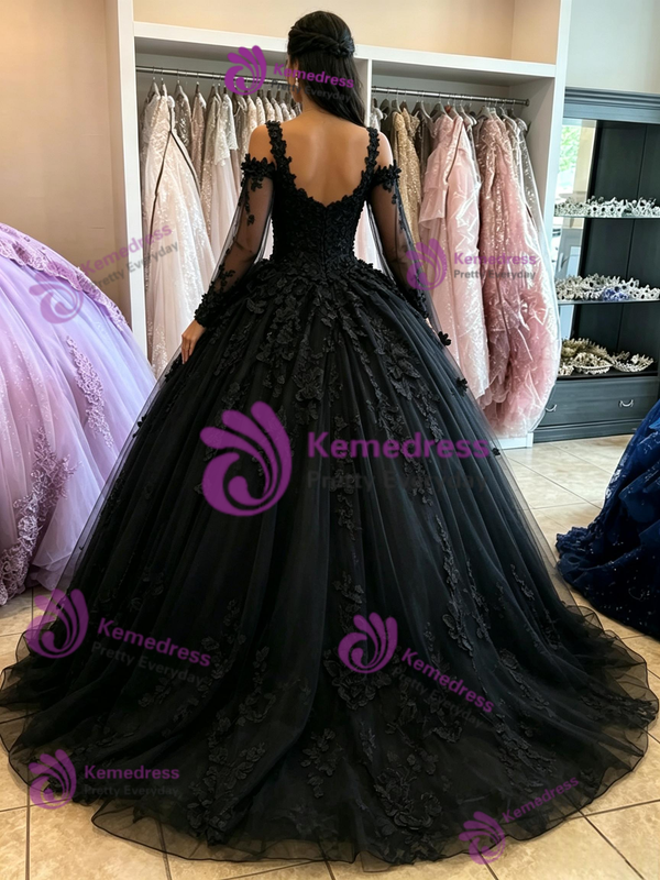 Black Tulle Straps Appliques Quinceanera Dress