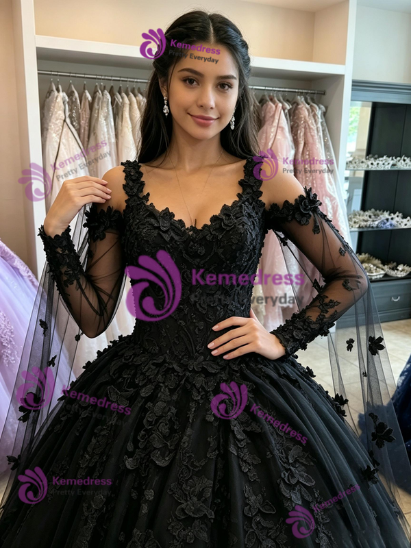 Black Tulle Straps Appliques Quinceanera Dress
