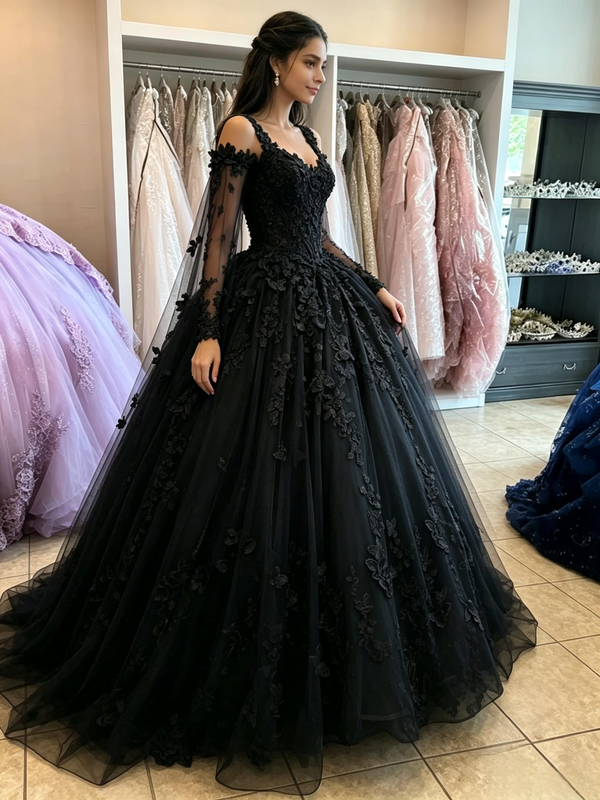 Black Tulle Straps Appliques Quinceanera Dress