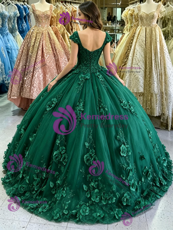 Green Tulle Straps 3D Flower Quinceanera Dress