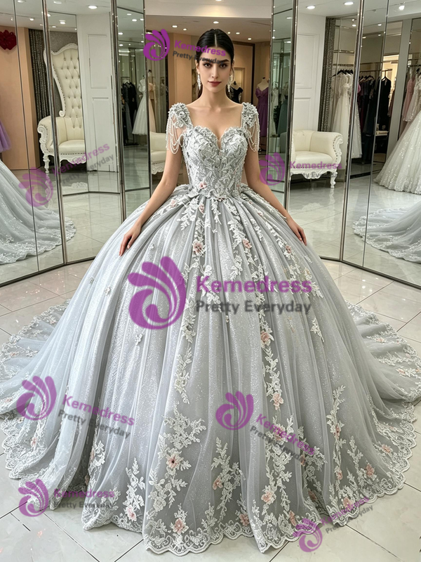Gray Tulle Appliques Quinceanera Dress