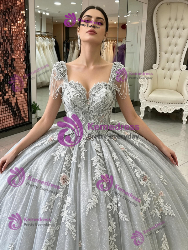 Gray Tulle Appliques Quinceanera Dress