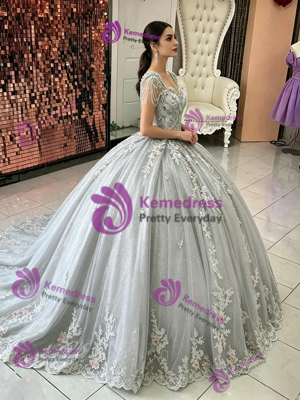 Gray Tulle Appliques Quinceanera Dress