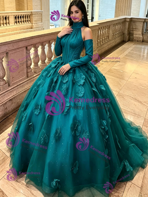 Blue Tulle Long Sleeve Flower Quinceanera Dress