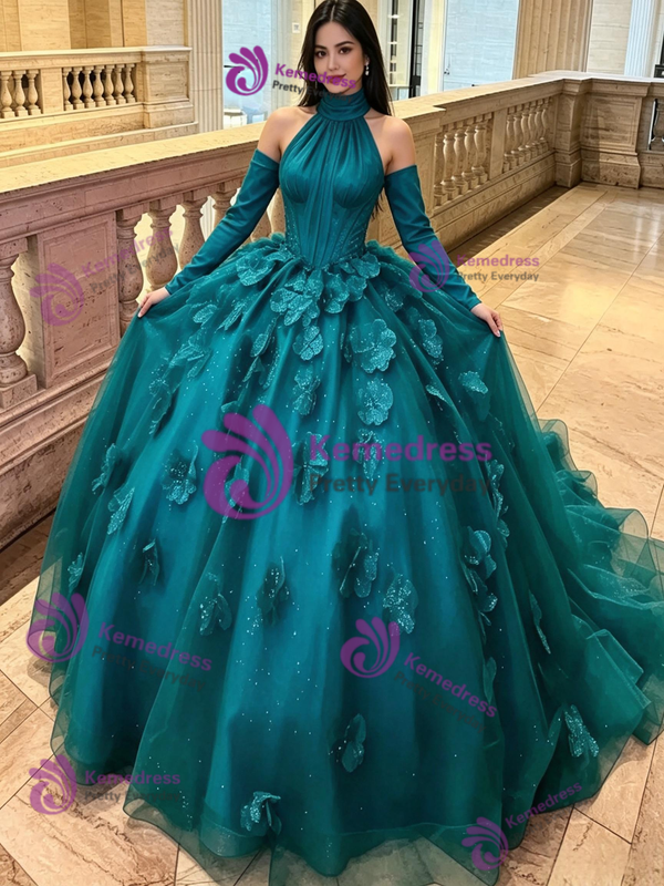 Blue Tulle Long Sleeve Flower Quinceanera Dress