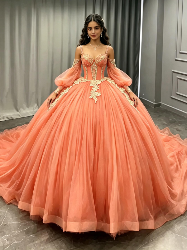 Orange Tulle Long Sleeve Appliques Quinceanera Dress
