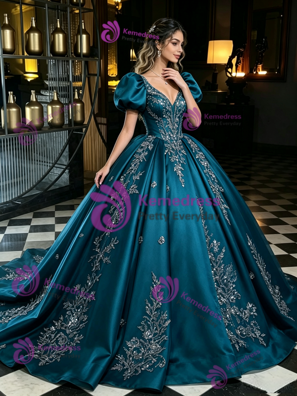 Blue Satin Puff Sleeve Appliques Quinceanera Dress