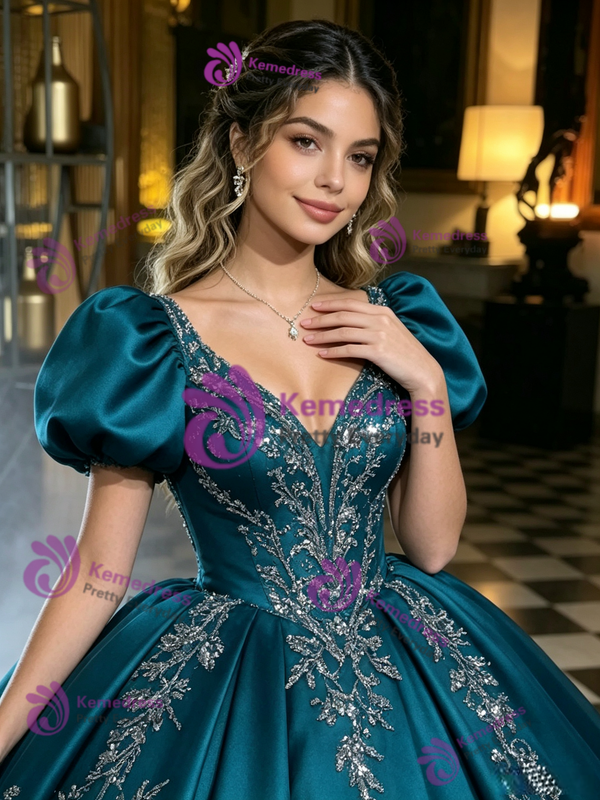 Blue Satin Puff Sleeve Appliques Quinceanera Dress