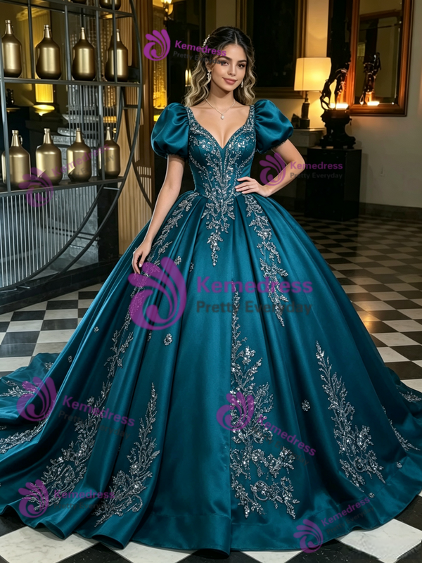 Blue Satin Puff Sleeve Appliques Quinceanera Dress