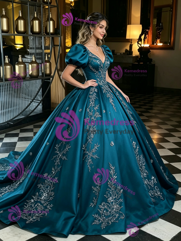Blue Satin Puff Sleeve Appliques Quinceanera Dress