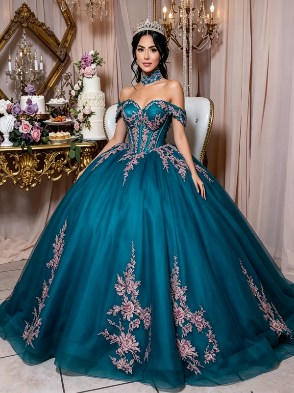 Blue Tulle Off the Shoulder Appliques Quinceanera Dress