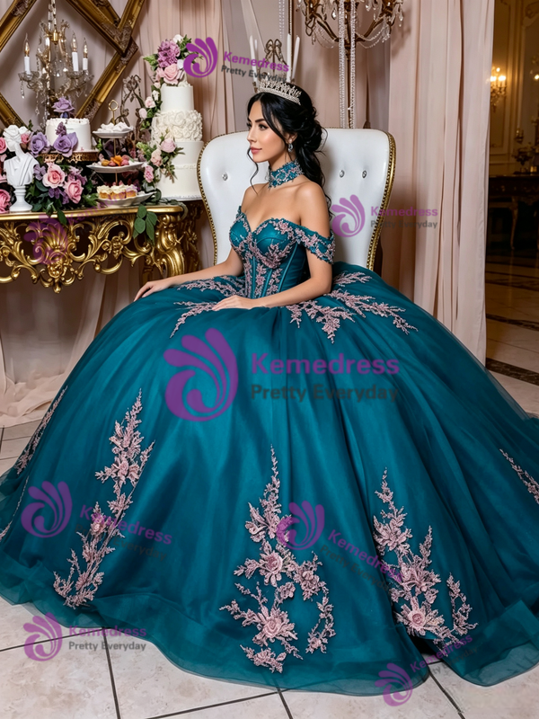 Blue Tulle Off the Shoulder Appliques Quinceanera Dress