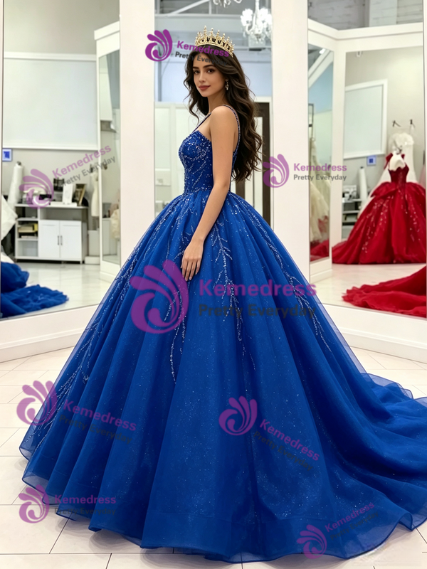 Blue Tulle Sequins Quinceanera Dress