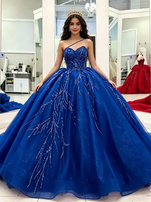 Blue Tulle Sequins Quinceanera Dress