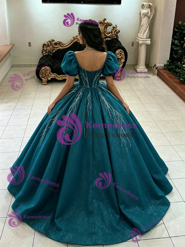 Blue Tulle Puff Sleeve Quinceanera Dress