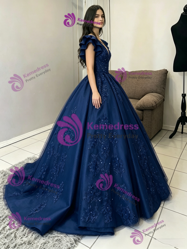 Blue V-neck Appliques Quinceanera Dress