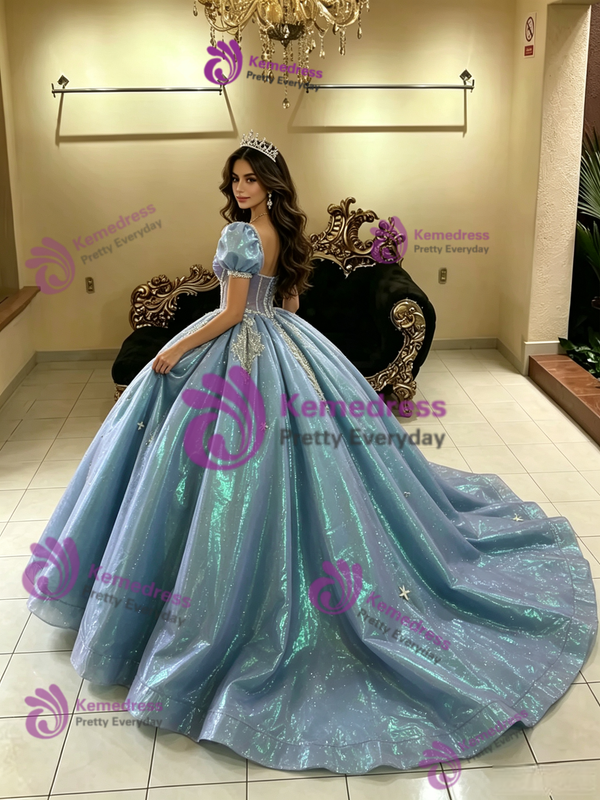 Blue Puff Sleeve Beading Quinceanera Dress