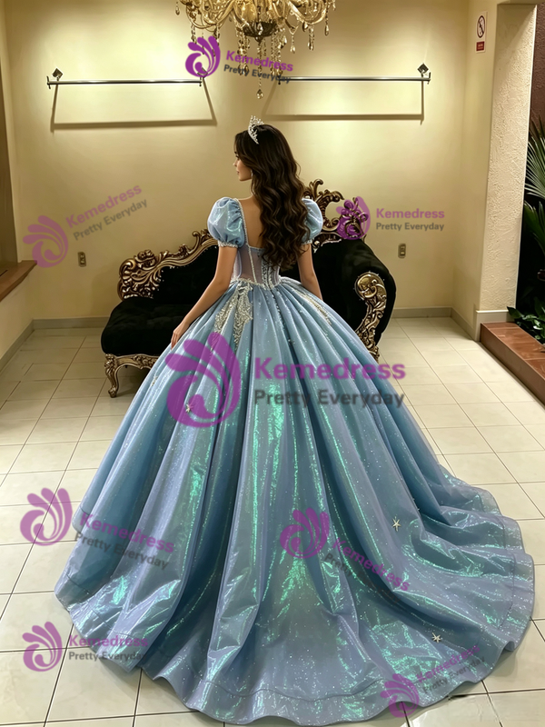 Blue Puff Sleeve Beading Quinceanera Dress