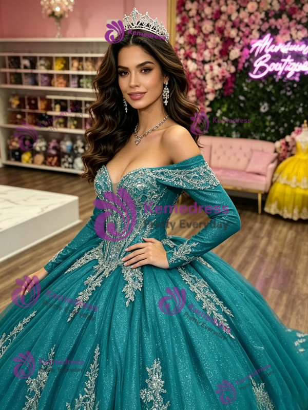 Blue Tulle Long Sleeve Appliques Quinceanera Dress