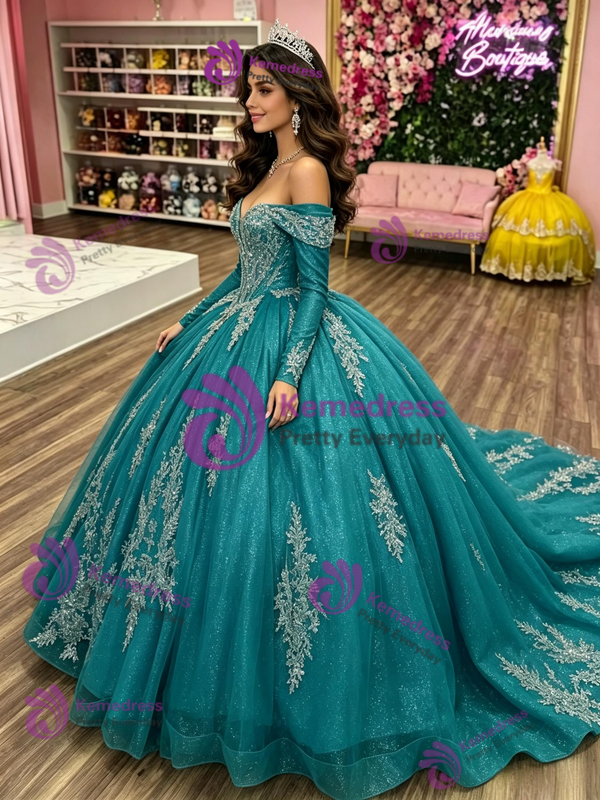 Blue Tulle Long Sleeve Appliques Quinceanera Dress