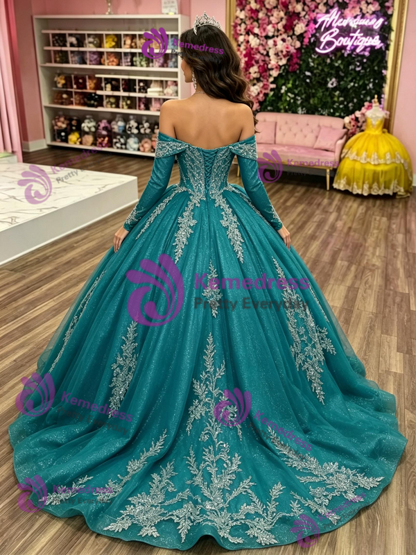 Blue Tulle Long Sleeve Appliques Quinceanera Dress