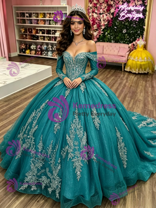 Blue Tulle Long Sleeve Appliques Quinceanera Dress