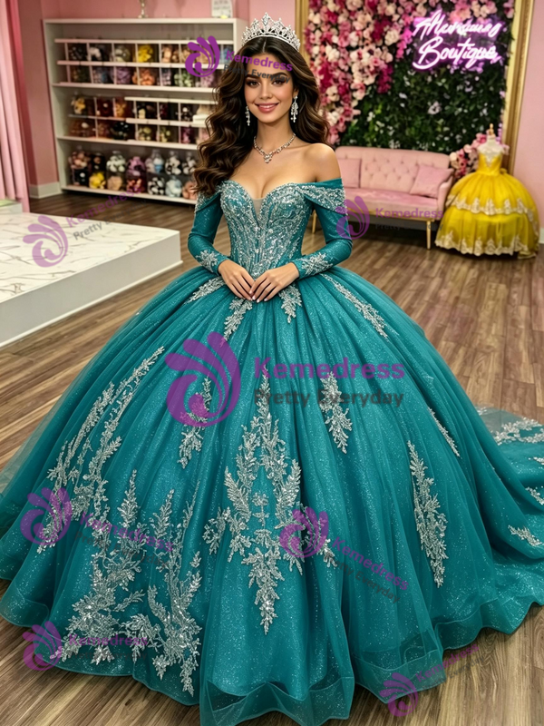 Blue Tulle Long Sleeve Appliques Quinceanera Dress