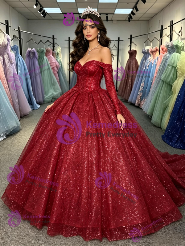 Long Sleeve Sequins Off the Shoulder Quinceanera Dress