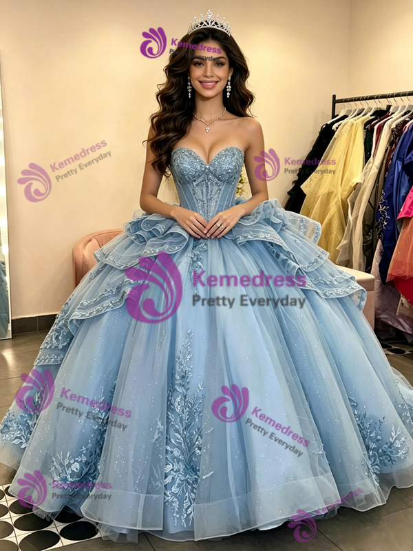 Blue Tulle Strapless Appliques Quinceanera Dress
