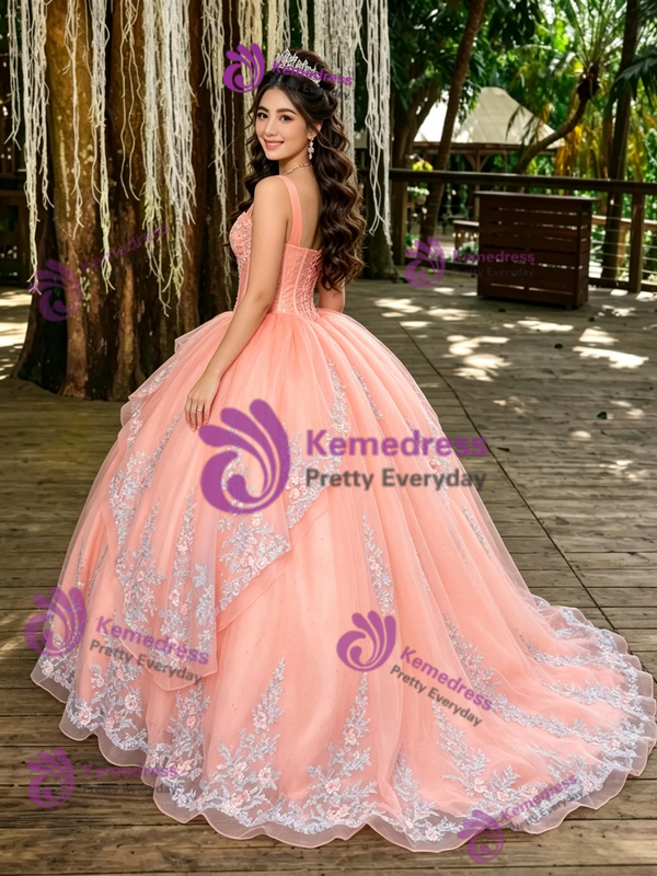 Orange Tulle Appliques Straps Prom Dress
