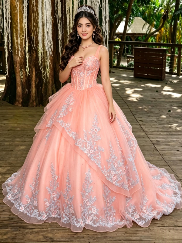 Orange Tulle Appliques Straps Prom Dress
