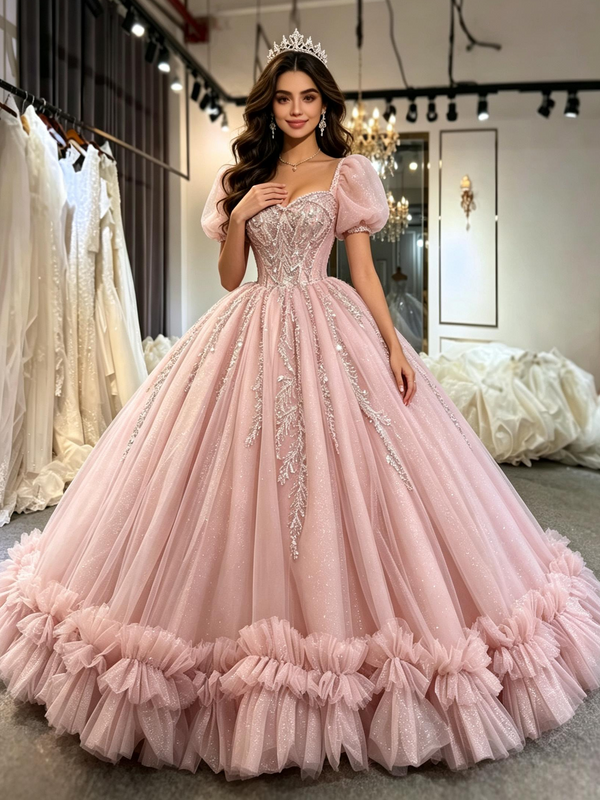 Pink Tulle Square Neck Puff Sleeve Appliques Quinceanera Dress
