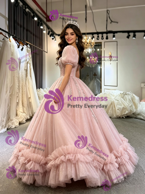 Pink Tulle Square Neck Puff Sleeve Appliques Quinceanera Dress