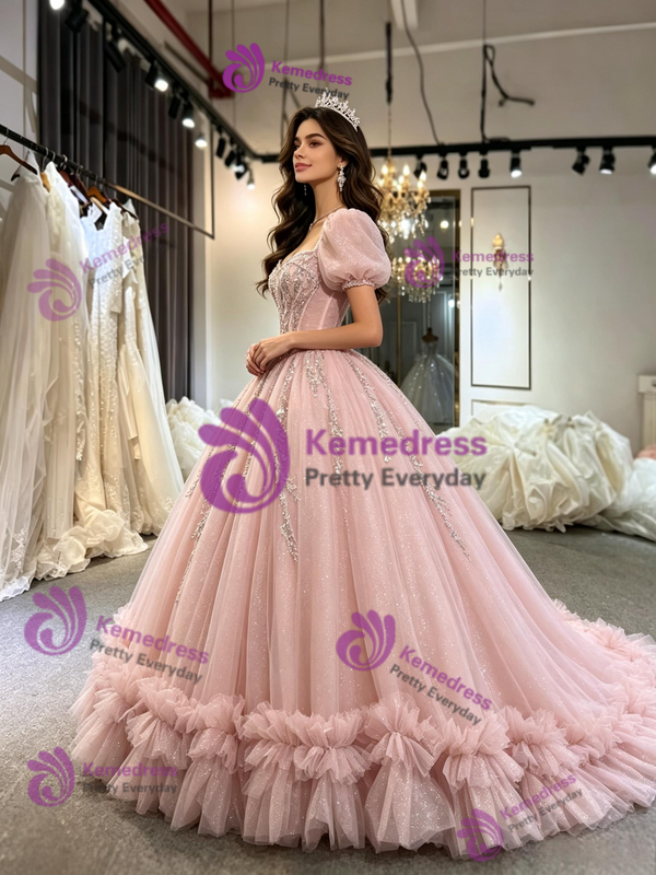 Pink Tulle Square Neck Puff Sleeve Appliques Quinceanera Dress