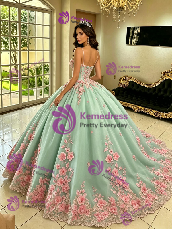 Green Tulle Straps 3D Appliques Quinceanera Dress
