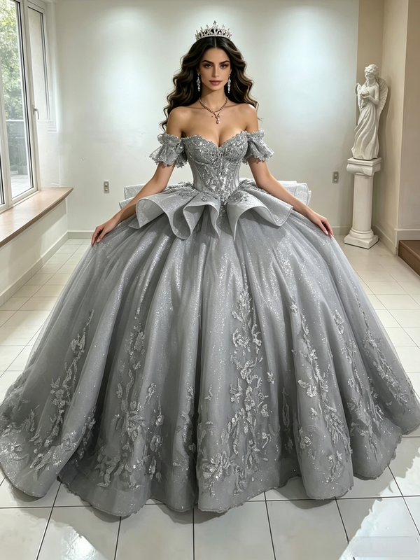 Gray Tulle Off the Shoulder Appliques Quinceanera Dress