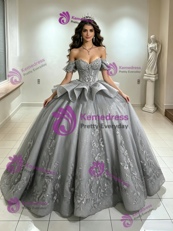 Gray Tulle Off the Shoulder Appliques Quinceanera Dress